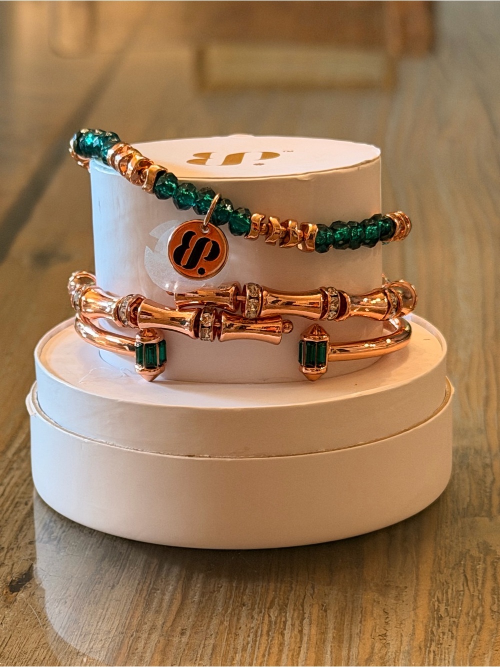 Bomb Party Bracelets!! Personally Curated Rose Gold with Emerald Beads